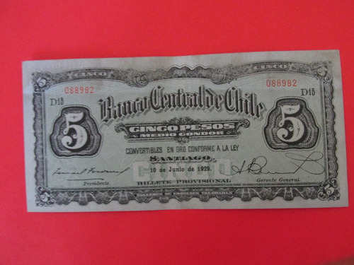 Billete Chile 5 Pesos Firmado Tocornal- Burr Año 1929 Escaso
