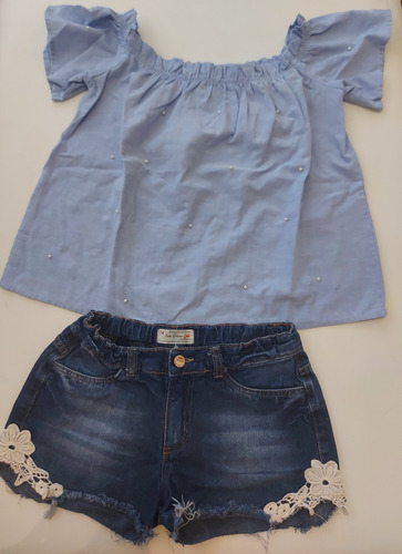 Conjunto Niña Short Jean Y Blusa Con Perlitas