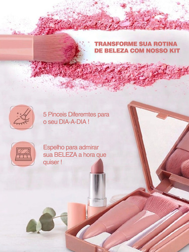 Kit De Pincéis De Maquiagem Rosa Pálido 5 Peças Com Espelho Rosa-pálido