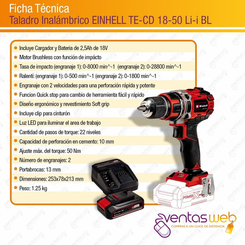 Imagen 7 de 8 de Taladro Percutor Atornillador 18v Brushless + Bateria 2,5amp