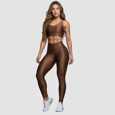 Conjunto Legging Canelado Zero Transparência Roupas Academia Marrom Liso Gg