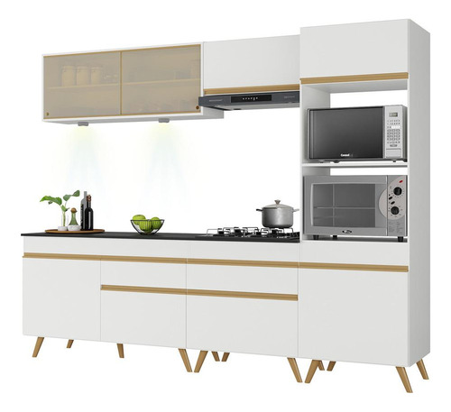 Armário Cozinha Completa 252cm Veneza Up Multimóveis V2037 Cor Branco/Dourado