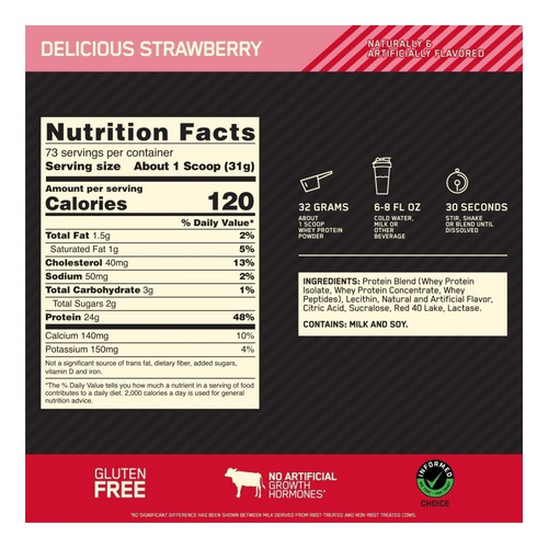 Suplemento en polvo Optimum Nutrition Proteína Gold Standard 100% Whey proteína sabor delicious strawberry en pote de 2.27kg