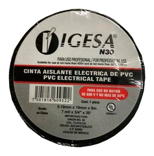 500 Cinta Eléctrica Aislante De Pvc 19mm 9 Mts Igesa Chica