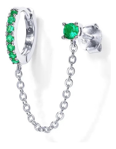 Arete De Plata 925 Verde Zirconias Cadena Unitalla Mujer