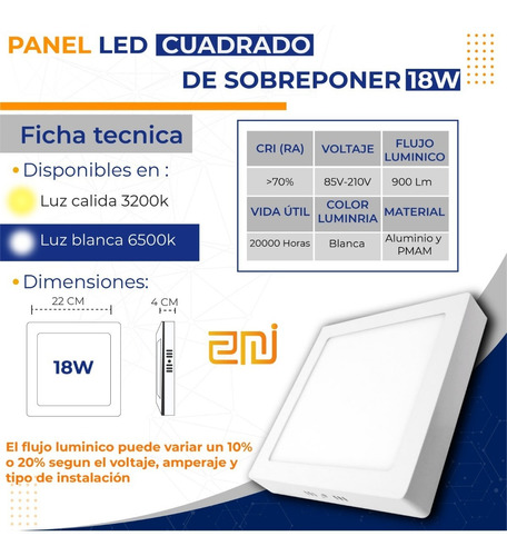 215x215x35mm · 2 Años de Garantía Panel LED Cuadrado de Superficie Blanco · Elegante Downlight LED Superficie de 18W con 1710 Lúmenes · 6000K Luz Blanca Fría · Tamaño Clase Energética