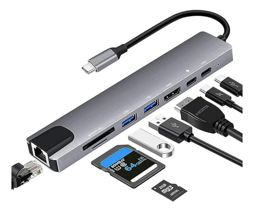 Adaptador Hub Tipo-c 8 En1 Hdmi Ethernet Usb 3.0 Sf Tf 4k