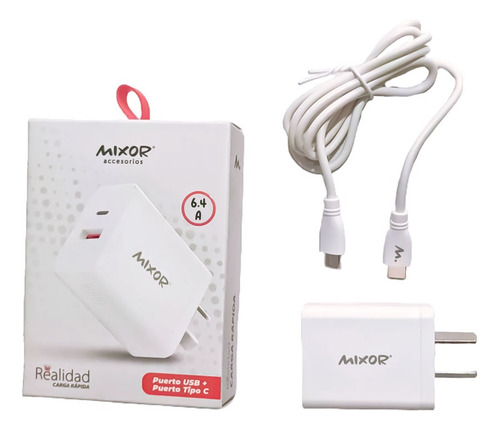 Cargador Rápido De Pared 6.4a Puerto Usb Y Tipo-c + Cable Blanco