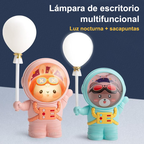 Lámpara De Noche Con Sacapuntas: Oso Con Globos,alta Calidad Oso Espacial Rosa