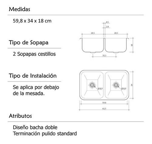 Imagen 3 de 4 de Bacha Doble Cocina Johnson C28/18 59x34x18 Cm