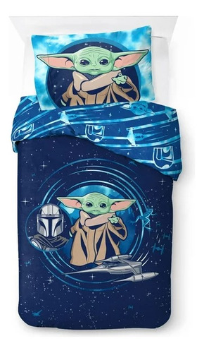 Set Edredón Reversible Baby Yoda Con Sabanas Individual 5 Pz Color Azul Diseño De La Tela Yoda Star Wars
