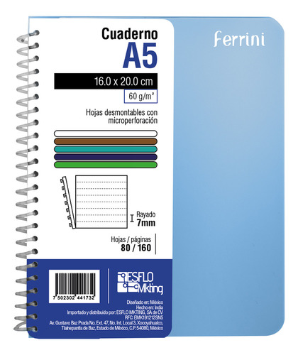 Cuaderno Poly Ferrini Espiral Europeo Libreta 80h Raya A5