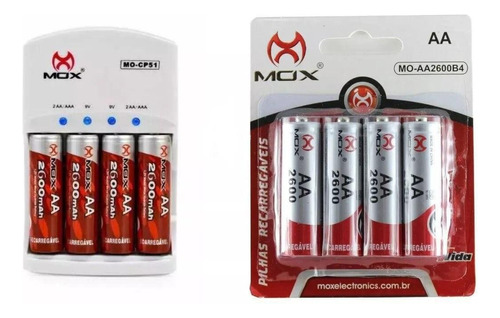 Carregador Mox Cp51 + 4 Pilhas Aa Recarregáveis 2600mah