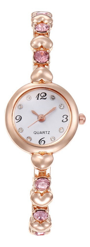 Relógio De Pulso Feminino Clássico Pequeno Quartz Com Pedras Correia Rosa-claro Bisel Dourado Fundo Branco