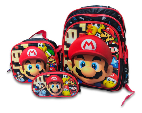 Bolso Morral Escolar C/lonchera Y Cartuchera 3d 41cm Mario