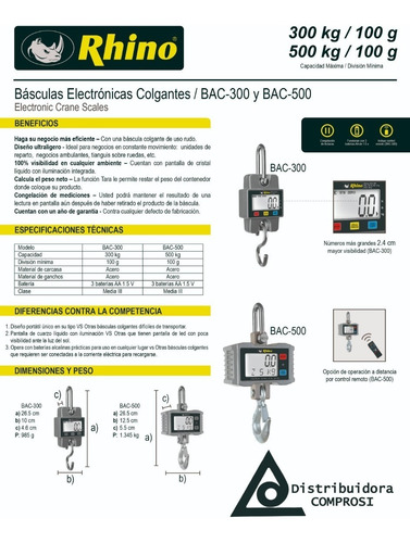 Bascula Colgante Digital 300 Kg / 100 Gr Bac 300 Comprosi