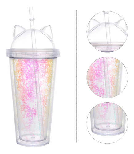 Vaso Termo Glitter Con Popote Y Tapa Gato Para Personalizar Color Transparente