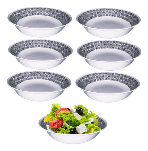 6 Saladeiras Tigela Bowl Melamina Grande Preta Decorada 1l