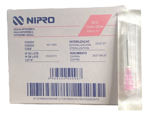 Aguja HiPodérmica Nipro 18gx25mm (1) Rosa Caja 100u Capacidad en volumen 0 mL