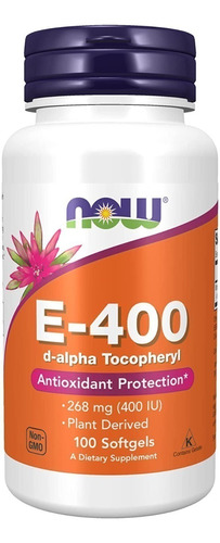Vitamina E-400 D-alfa Tocoferil 100 Softgeles, Now,