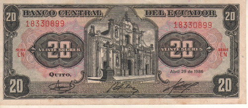 Ecuador Billete De 20 Sucres Año 1986 - Pick 121 Aa - Vf+