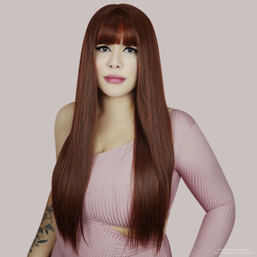 Lace Ruiva Lisa Copmrida Wig Fibra Premium Com Franja 70cm