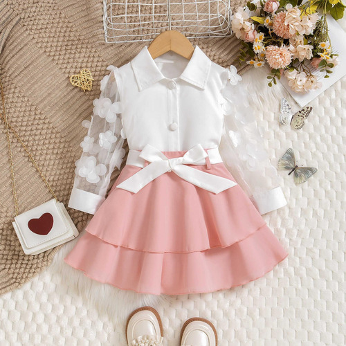 Conjunto De Moderna Falda De Lazo Casual De Malla Para Niñas