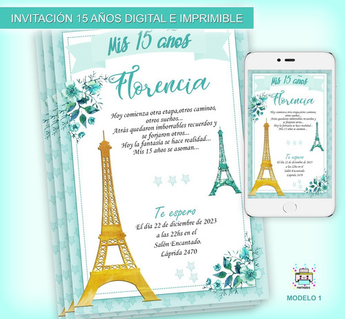 Invitación 15 Años Eifel Tarjeta Digital E Imprimible M2