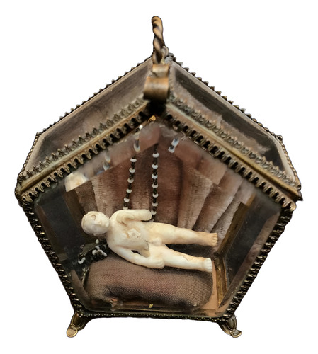 Niño Dios Miniatura Marfil Antiguo En Su Nicho (Usado)