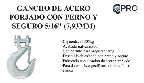 Gancho Acero Forjado Con Perno Y Seguro 5/16 (7,93mm) 5pzs P