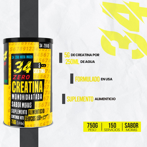 34 Zero Creatina Monohidratada 750g 150 Servicios Sabores Moras