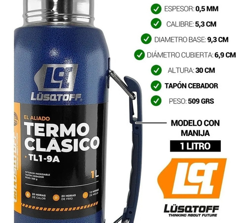 Imagen 5 de 8 de Termo Lusqtoff Tl19 Clasico Con Manija Azul 1 L Acero Inox Color Azul