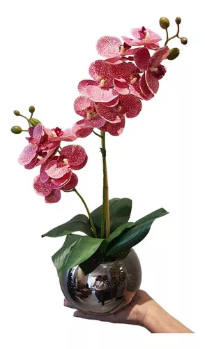 Arranjo De Orquídea Rosa No Vaso Bola Espelhado Fumê