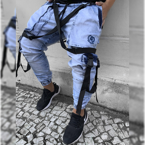 Calça Com Suspensorio Jogger Jeans Masculina Track Preta