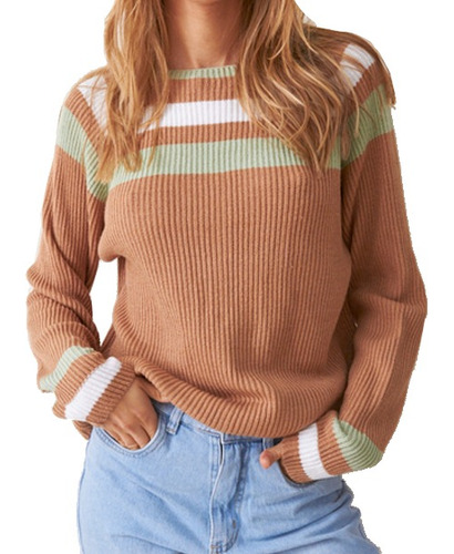 Sweater De Hilo Mujer Camel Multicolor Manga Larga