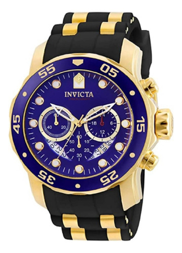 Reloj pulsera Invicta Pro Diver 6983 de cuerpo color oro, analógico, para hombre, fondo azul, con correa de silicona color oro y negro, agujas color dorado, dial azul, subesferas color dorado, minutero/segundero azul, bisel color azul y hebilla simple