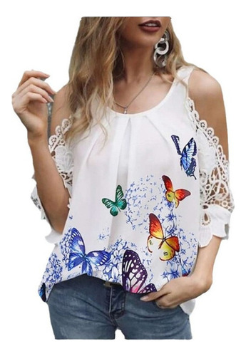 Tops Playera Corta Con Estampado De Mariposas Y Cu De Manga