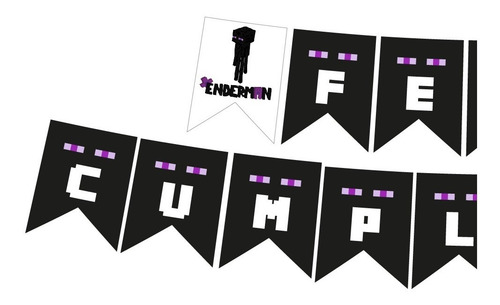 Imagen 2 de 4 de Banderín Feliz Cumpleaños-banderín Enderman-banner Cumple