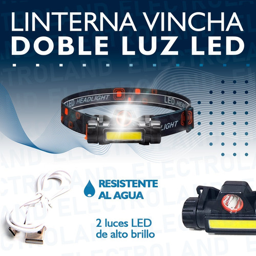 Imagen 2 de 10 de Linterna Vincha Minera Usb Recargable 2 Luces Led Camping