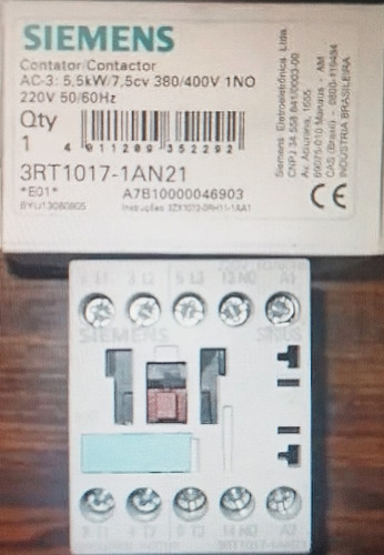 Contactor Siemens Ac3  5,5 Kw  Bobina 220v Mod 3rt1017-1an21
