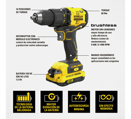 Taladro Atornillador 20v Brushless Stanley Sbd710c2k-b3 Color Amarillo