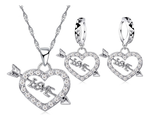 Conjunto Set Corazón Baño Plata 925 Collar Pendientes Amor