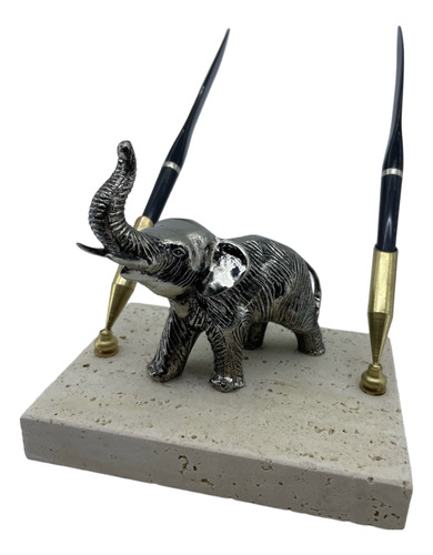 Elefante Con Portapluma De Metal Y Pluma, Base Mármol 