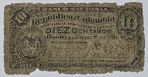 Billete 10 Centavos 02/ene/1893 Banco Nacional Colombia Good