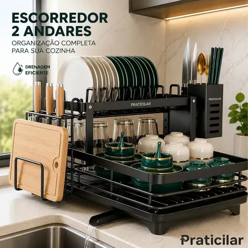 Escorredor De Louca Secador De Pratos Cozinha Aco Inox Preto 2 Andar Porta Talher Tigela E Copos Praticilar