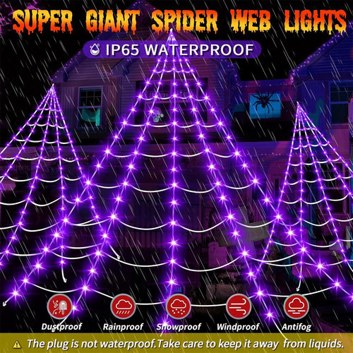 Tela De Araña Gigante Con 200 Luces Led Moradas 5m
