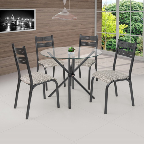 Mesa De Jantar 90x90cm Tampo Vidro Com 4 Cadeiras Luna Cfwt