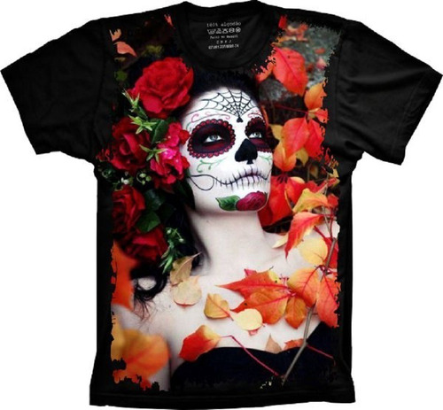 Camiseta Plus Size Cranio Caveira Mexicana Com Flores