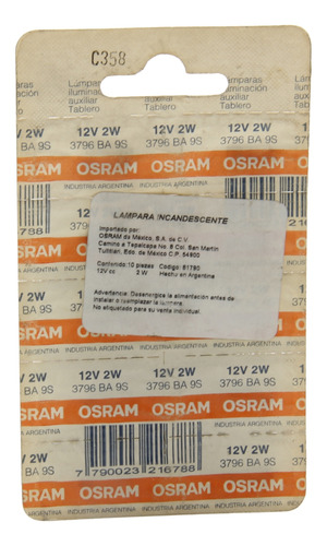 Pack De 10 Focos Osram 3796 2w 12v Ba9s 81790