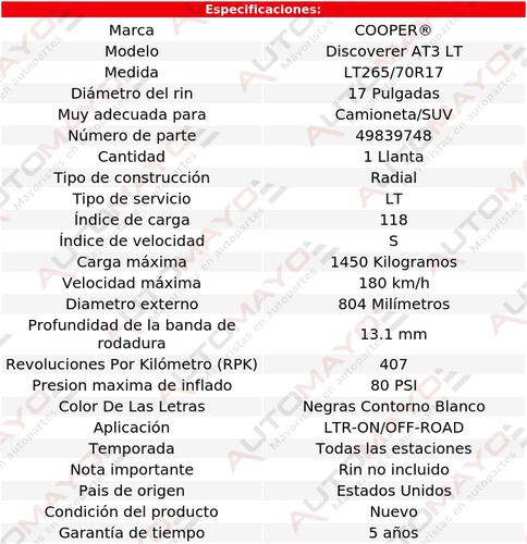 Cooper Llanta Discoverer At3 Lt Lt265/70r17 118s